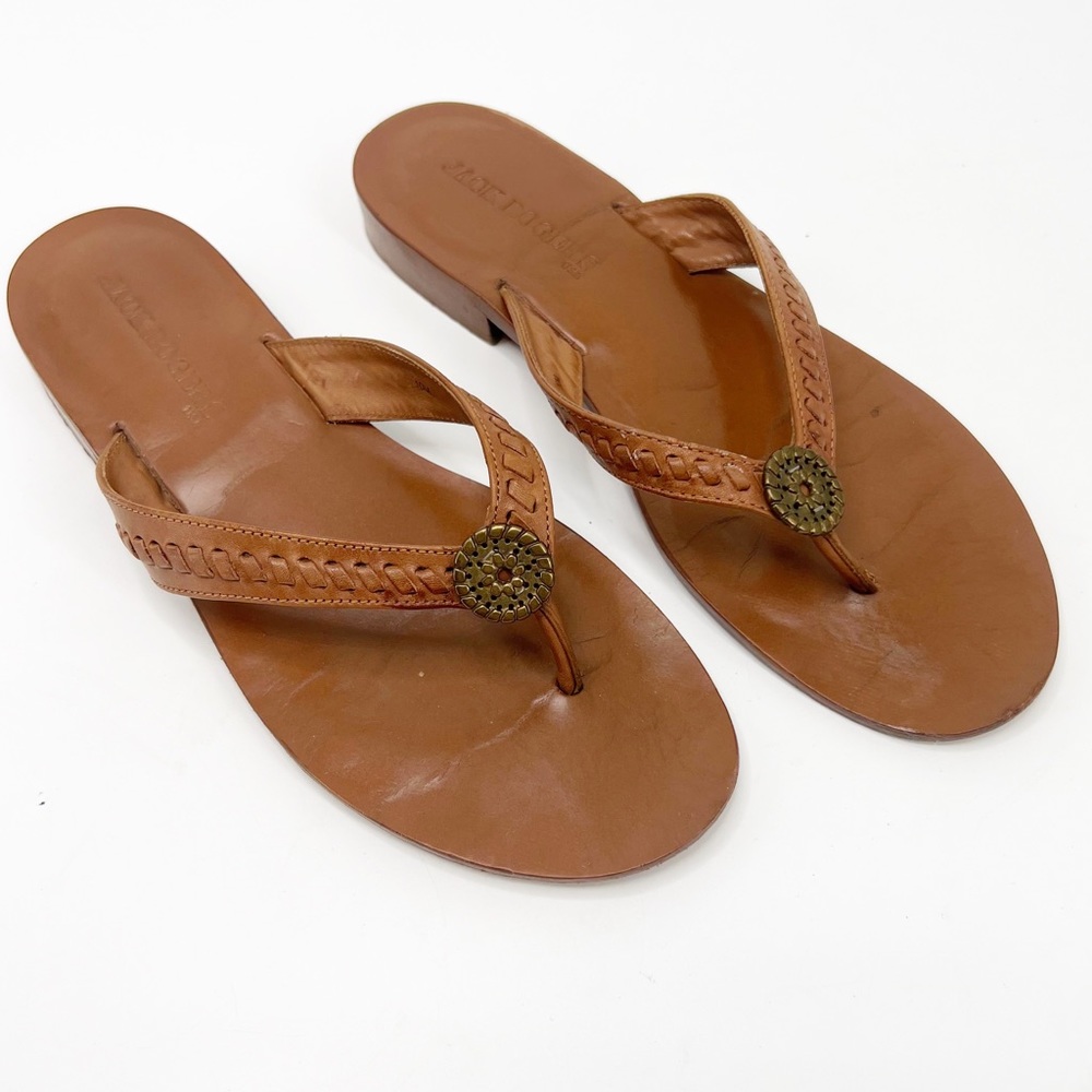 Jack Rogers Brown Leather Braided Thong Sandals with Gold Medallion